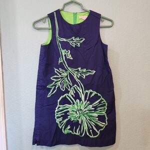 Lilly Pulitzer Kid Girls Navy Green Floral Embroidered Shift Dress Size 12 Lined
